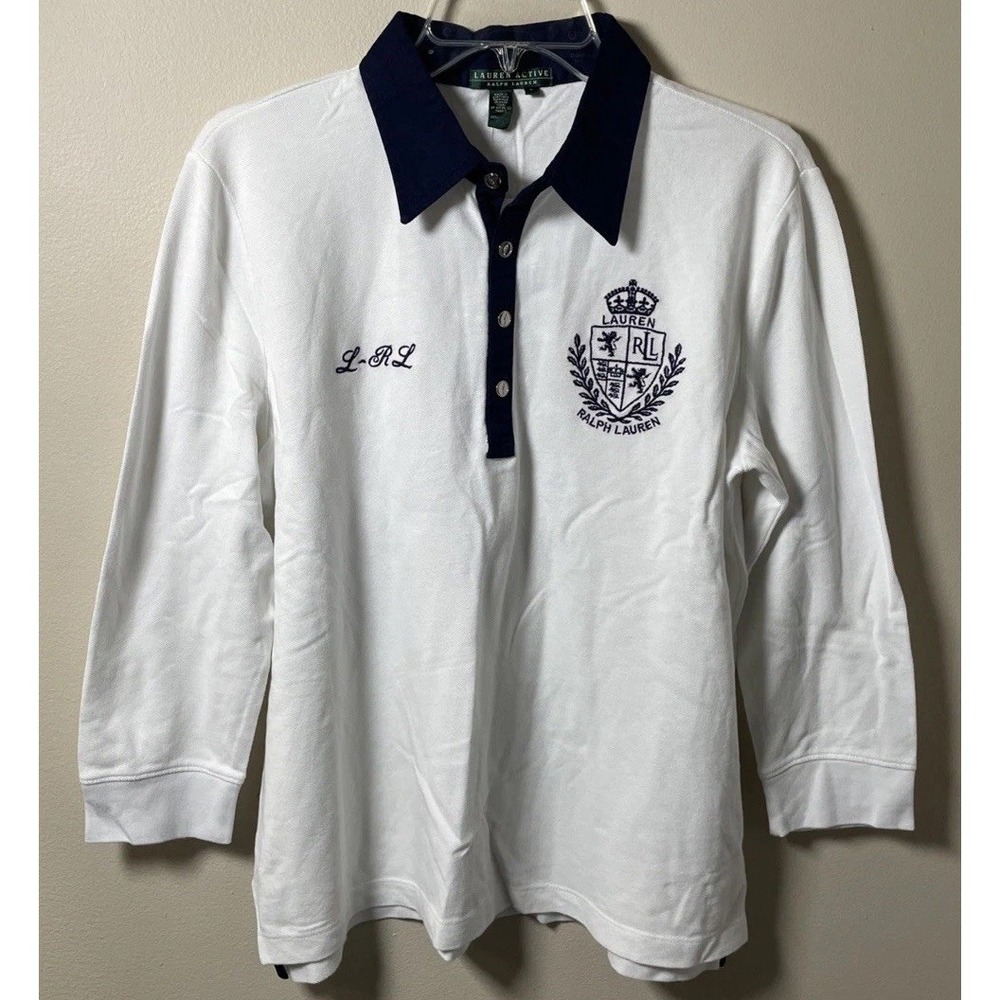 1990's RLR  White Rugby Top w/ Crest & White Collar Size Women Large long sleeve